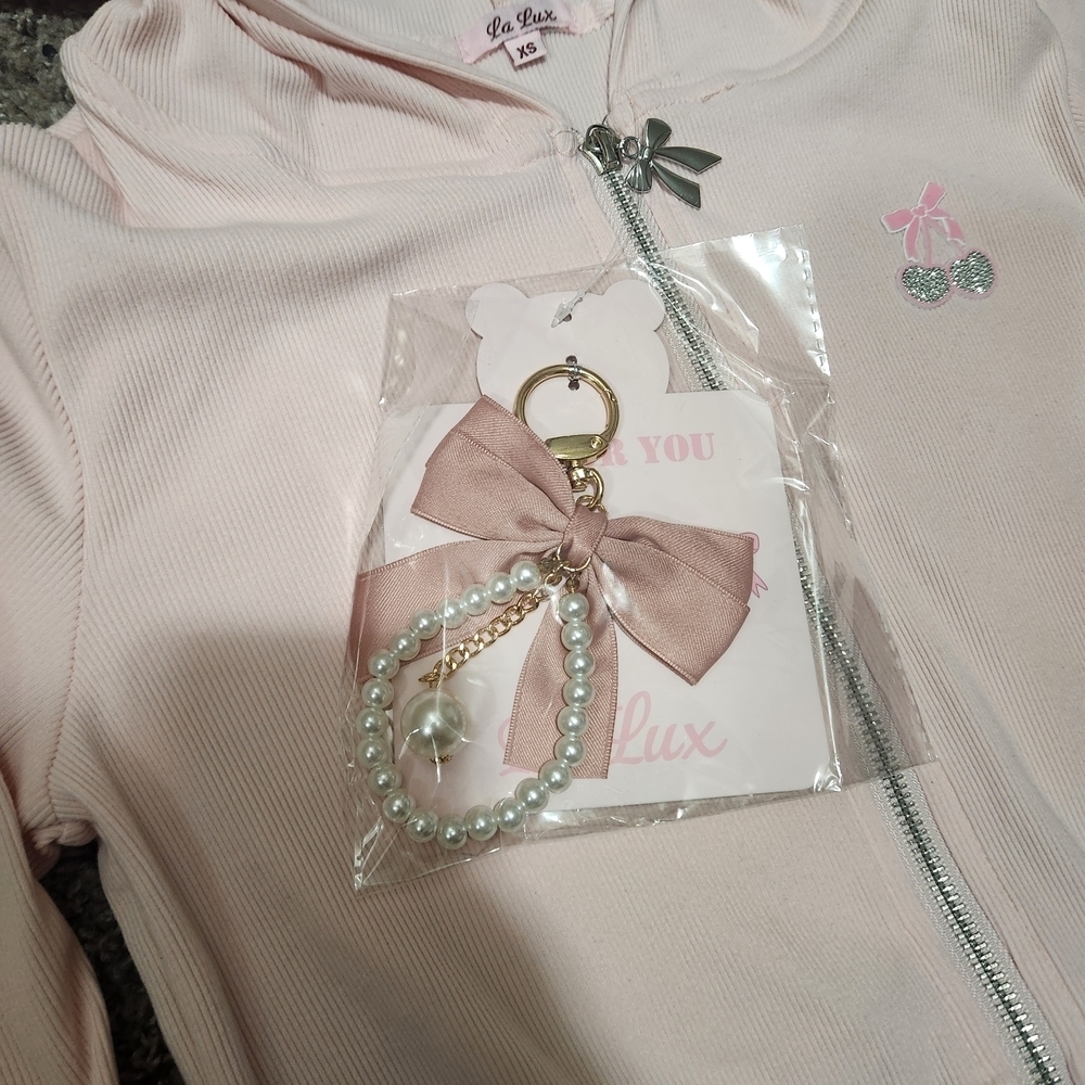 Lux Light Pink Hooded Zip Sweatshirt with Bow Keychain - Picture 3 of 7
